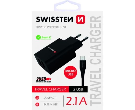 Swissten Premium Tīkla Lādētājs USB 2.1A / 10.5W Ar Micro USB vadu 120 cm Melns