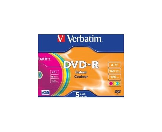 Matricas DVD-R AZO Verbatim 4.7GB 16x Colour, 5 Pack Slim