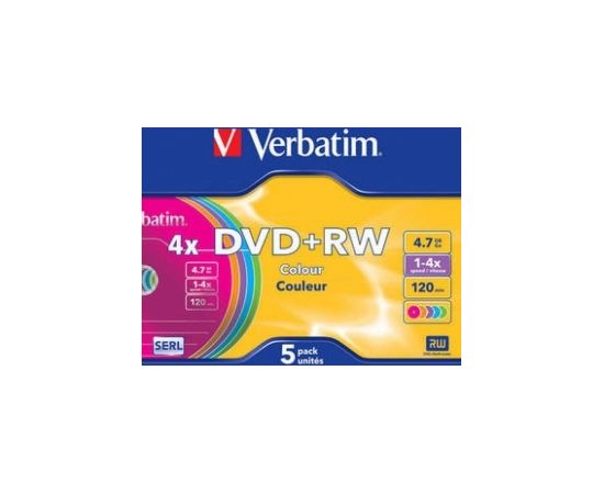 Matricas DVD+RW Verbatim 4.7GB 4x Colour, 5 Pack Slim