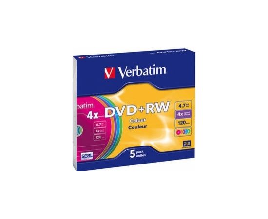 Matricas DVD+RW Verbatim 4.7GB 4x Colour, 5 Pack Slim