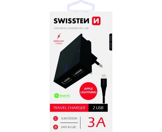 Swissten Premium Tīkla Lādētājs USB 3А / 15W Ar Lightning (MD818) vadu 120 cm Melns