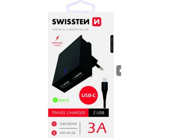Swissten Premium Tīkla Lādētājs USB 3А / 15W Ar USB-C vadu 120 cm Melns