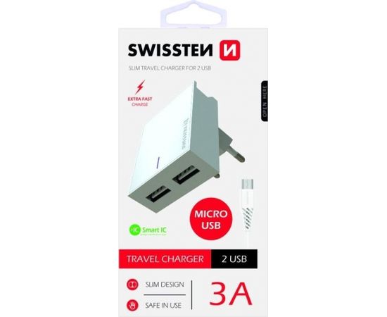 Swissten Premium Tīkla Lādētājs USB 2.1A / 10.5W Ar Micro USB vadu 120 cm Balts