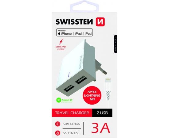 Swissten MFI Premium Apple Sertificēts Tīkla Lādētājs USB 3А / 15W Ar Lightning (MD818) vadu 120 cm Balts