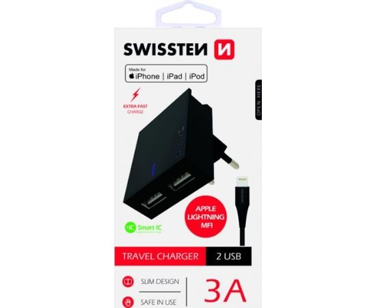 Swissten MFI Premium Apple Sertificēts Tīkla Lādētājs USB 3А / 15W Ar Lightning (MD818) vadu 120 cm Melns