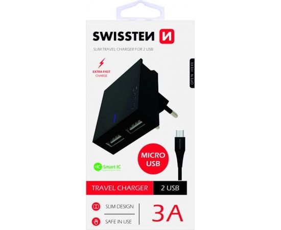 Swissten Premium Tīkla Lādētājs USB 2.1A / 10.5W Ar Micro USB vadu 120 cm Melns