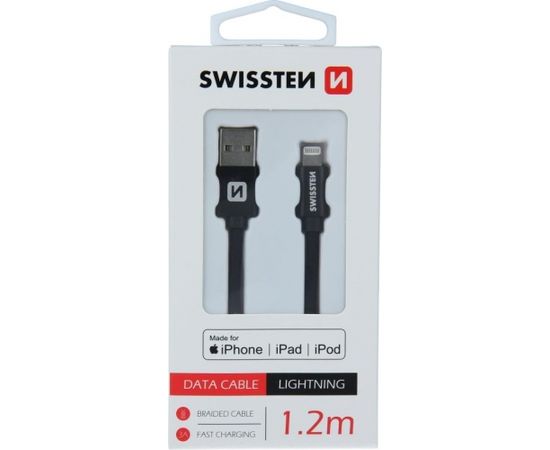 Swissten (MFI) Textile Fast Charge 3A Lightning (MD818ZM/A) Datu un Uzlādes Kabelis 1.2m Melns