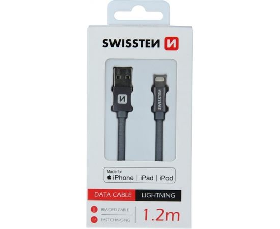 Swissten (MFI) Textile Fast Charge 3A Lightning (MD818ZM/A) Datu un Uzlādes Kabelis 1.2m Pelēks