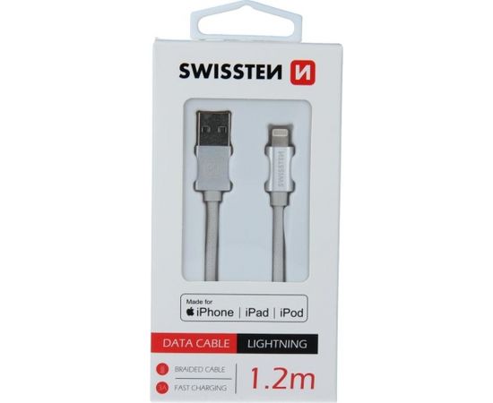 Swissten (MFI) Textile Fast Charge 3A Lightning (MD818ZM/A) Datu un Uzlādes Kabelis 1.2m Sudraba