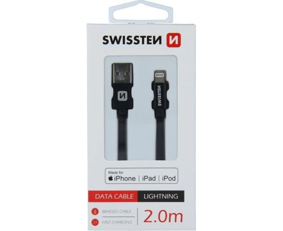 Swissten (MFI) Textile Fast Charge 3A Lightning (MD818ZM/A) Datu un Uzlādes Kabelis 2.0m Melns