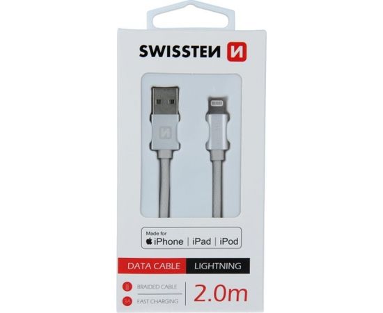 Swissten (MFI) Textile Fast Charge 3A Lightning (MD818ZM/A) Datu un Uzlādes Kabelis 2.0m Sudraba