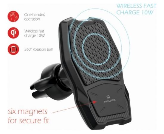 Swissten WM1-AV3 Air Vent Turētājs Gaisa Restei Ar Wireless Uzlādi + Micro USB Vads 1.2m Melns