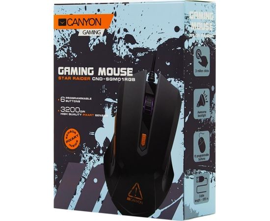 Canyon Optical Gaming Mouse with 6 programmable buttons, Pixart optical sensor, 4 levels of DPI and up to 3200, 3 million times key life, 1.65m PVC USB cable,rubber coating surface and colorful RGB lights, size:125*75*38mm, 115g