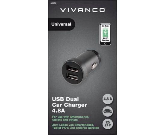 Vivanco auto lādētājs USB 2x2,4A (38858)