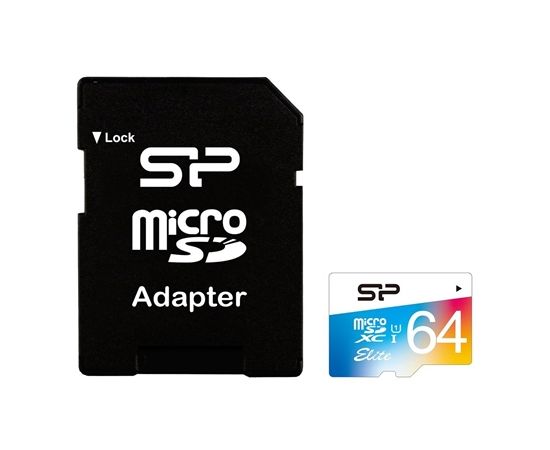 Silicon Power Elite UHS-1 Colorful 64 GB, MicroSDXC, Flash memory class 10, SD adapter