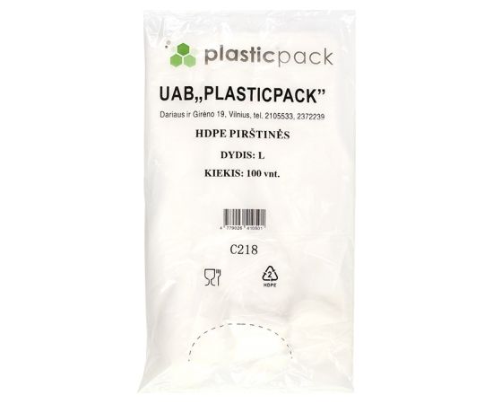 Polietilēna cimdi PLASTICPACK, HDPE, L izmērs, 100 gab./50 pāri