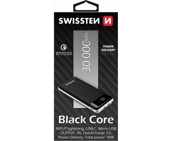Swissten Black Core Premium Recovery Power Bank 2.1A / USB / USB-C / 30000 mAh Черный