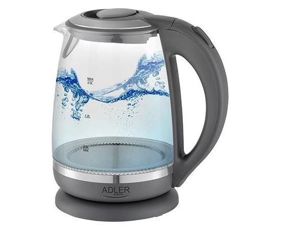 Adler Kettle AD 1286 Standard, 2200 W, 2 L, Plastic/ glass, Grey/ transparent, 360° rotational base