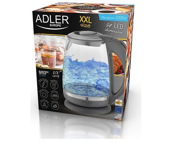 Adler Kettle AD 1286 Standard, 2200 W, 2 L, Plastic/ glass, Grey/ transparent, 360° rotational base