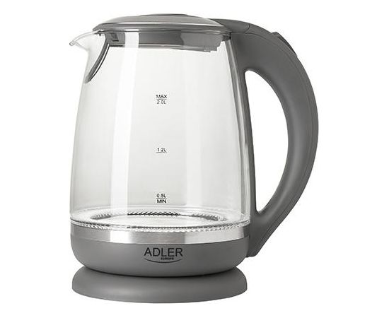 Adler Kettle AD 1286 Standard, 2200 W, 2 L, Plastic/ glass, Grey/ transparent, 360° rotational base