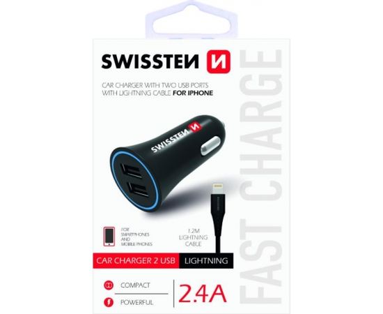 Swissten Premium Auto Lādētājs 12 / 24V / 1A + 2.1A + Lightning Datu Kabelis 100 cm Melns