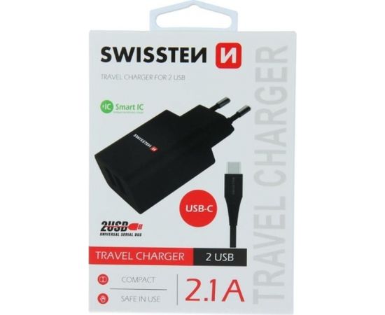 Swissten Smart IC Tīkla Lādētājs 2x USB 2.1A ar USB-C vadu 1.2 m Melns