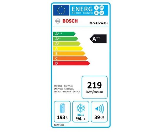 BOSCH KGV33VW31E Brīvi stāvošs 287L A++ Balts ledusskapis Ledusskapji