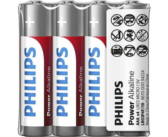 PHILIPS baterijas Power Alkaline, iepakojumā 4 gab - LR03P4F/10