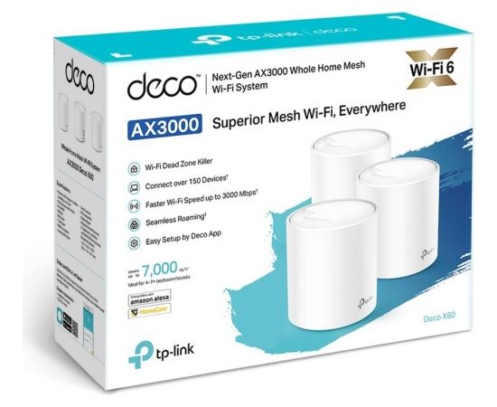 TP-LINK AX3000 Whole Home Mesh Wi-Fi 6 System Deco X60(3-pack) 802.11ax, 575+2400 Mbit/s, Ethernet LAN (RJ-45) ports 2, Mesh Support Yes, MU-MiMO Yes, Antenna type Internal