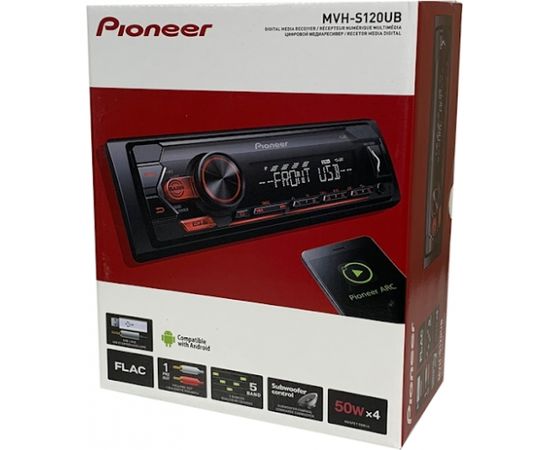 Pioneer MVH-S120UB MOSFET 4x50W;  USB,FLAC,MP3 ;FM;AUX in;1xRCA; balts/sarkans apgaismojums     .