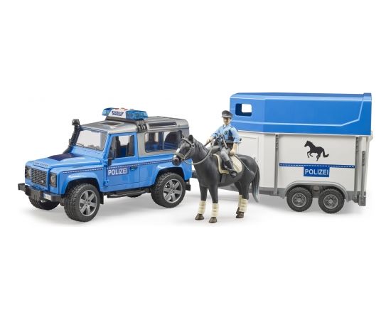 BRUDER auto Land Rover Defender Police vehicle horse trailer, horse with policeman, 02588