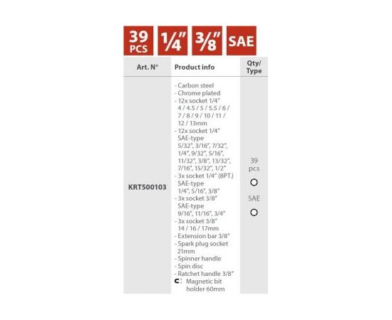 Instrumentu komplekts 1/4'' 3/8'' SAE (39gab.) KRT500103 Kreator