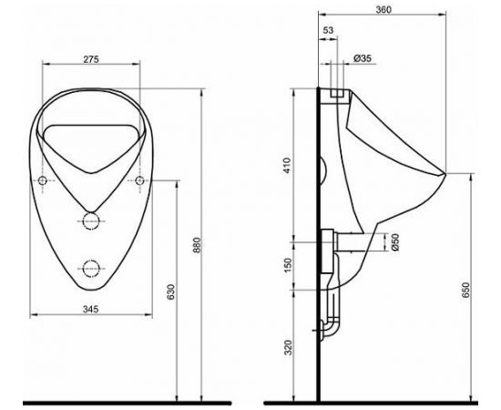Kolo Felix pisuārs, ūdens pieslēgums no augšas, horizontāla/vertikāla izplūde Pisuāri