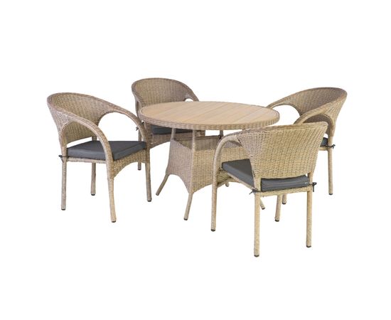 Dārza mēbeļu komplekts JUNE galds un 4 krēsli (10298) alumīnija rāmis ar smilškrāsas plastmasas pinumu