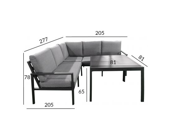 Комплект садовой мебели ADRIAN стол и угловой диван, темно-серая алюминиевая рама, серые подушки