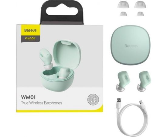 Baseus Encok WM01 Bluetooth 5.0 Bezvadu Hi-Fi Austiņas ar HD Mik un Uzlādes Maku Mint
