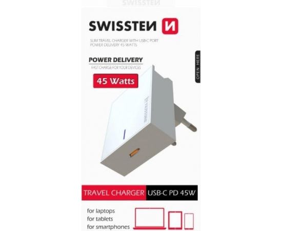 Swissten Premium 45W Сетевое зарядное устройство USB-C PD 3.0: 5V / 3A / 9V / 2A, 12V / 1.5A белый