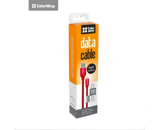 ColorWay Data Cable Apple Lightning Charging cable, Fast and safe charging; Stable data transmission, Red, 1 m