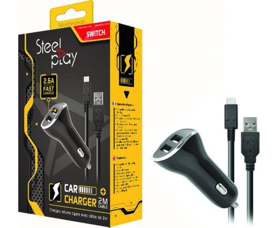 Steel Play Car Charger incl. Type-C Cable 2m, 2.6A Fast Charge (Switch)