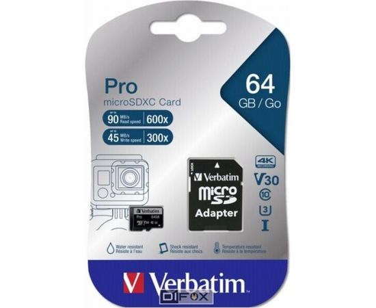 Atmiņas karte Verbatim microSDXC Pro 64GB Class 10 UHS-I