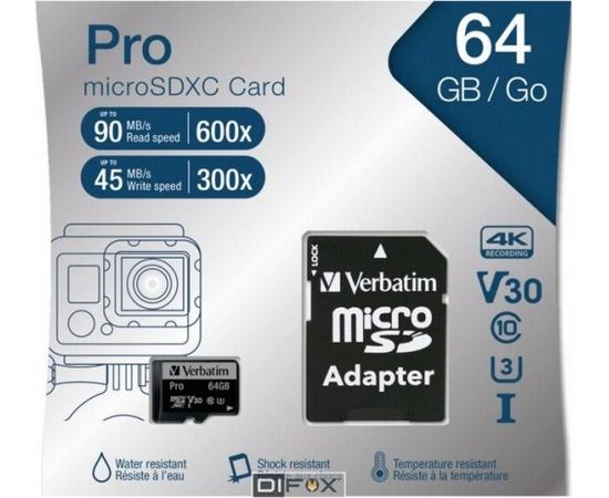 Verbatim microSDXC Pro      64GB Class 10 UHS-I incl Adapter