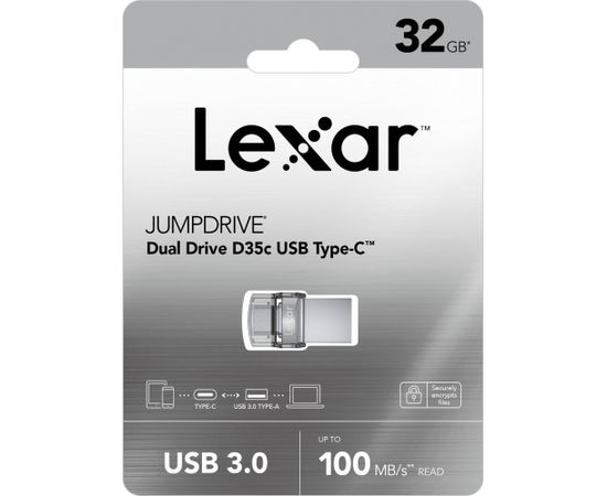 Lexar 32GB Dual Type-C and Type-A USB 3.0 flash drive, up to 100MB/s read