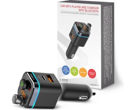 Savio TR-12 Bluetooth 5.0 FM-передатчик + Зарядка USB Quick Charge 3.0 / Micro SD / Черный