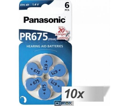 10x1 Panasonic PR 675 Hearing Aid Batteries Zinc Air 6 pcs.