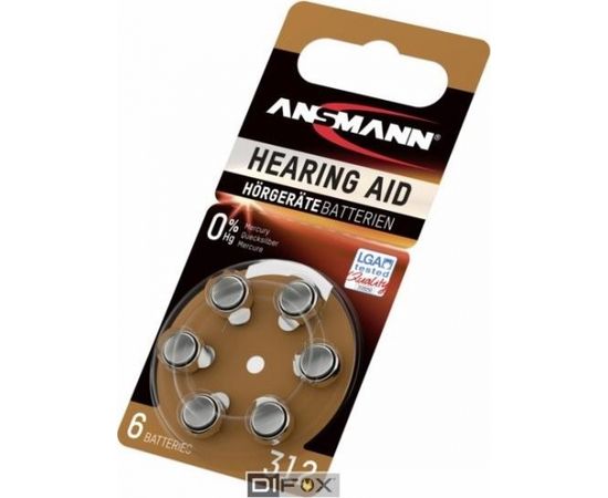 1x6 Ansmann Zinc-Air 312 (PR41) Hearing Aid Batteries