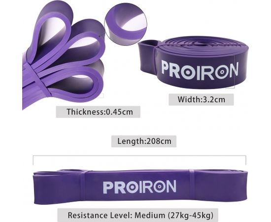 PROIRON Assisted Pull up Band Exercise Band, 208 x 3.2 x 0.45 cm, Resistance Level: Medium (13 kg), Purple, 100% Natural Latex