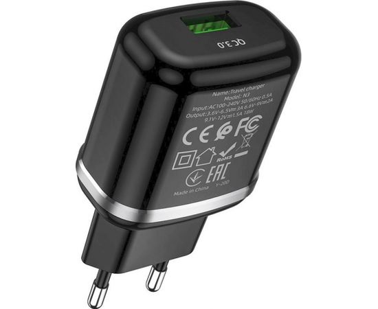 Hoco N3 tīkla lādētājs USB / 18W / 3A / Quick Charge 3.0 / melns