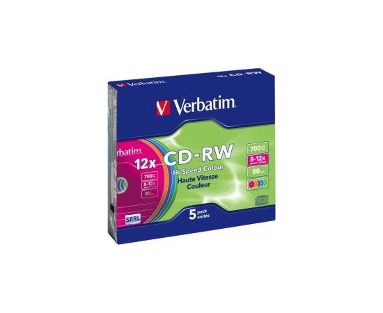 Matricas CD-RW SERL Verbatim 700 MB 8x-12X Colour, 5 Pack Slim