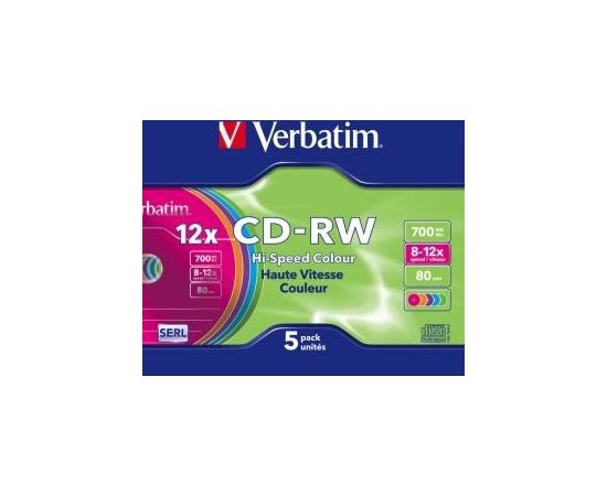 Matricas CD-RW SERL Verbatim 700 MB 8x-12X Colour, 5 Pack Slim