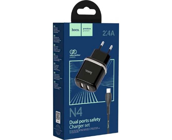 Hoco N4 универсальное зарядное устройство 2 x USB / 5V / 2.4A + USB-C провод 1М черная